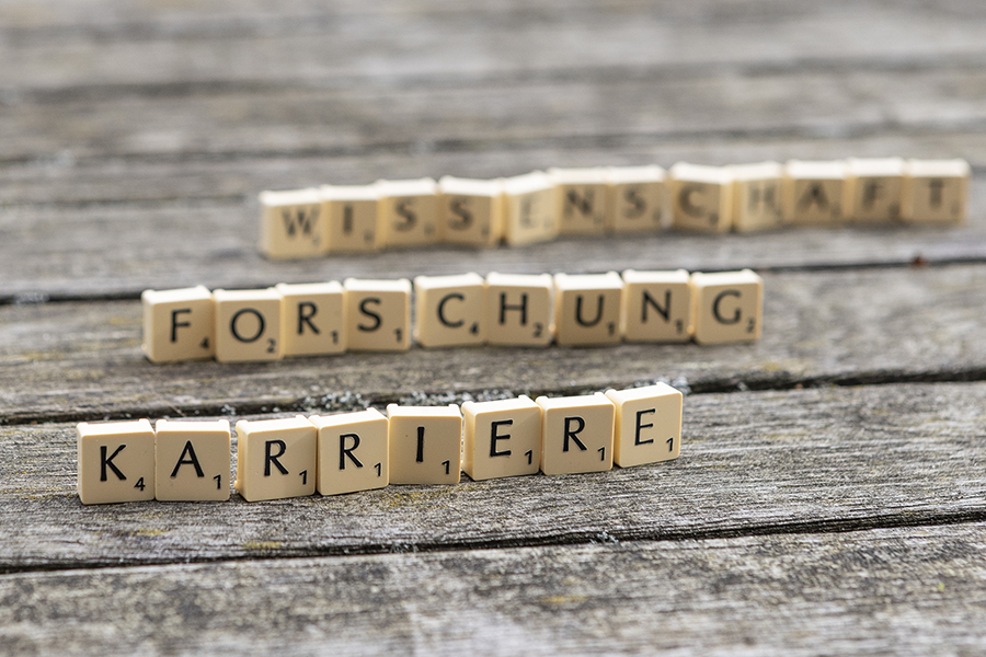 wissenschaft, forschung, karriere, Buchstaben von Scruble, Holzhintergrund